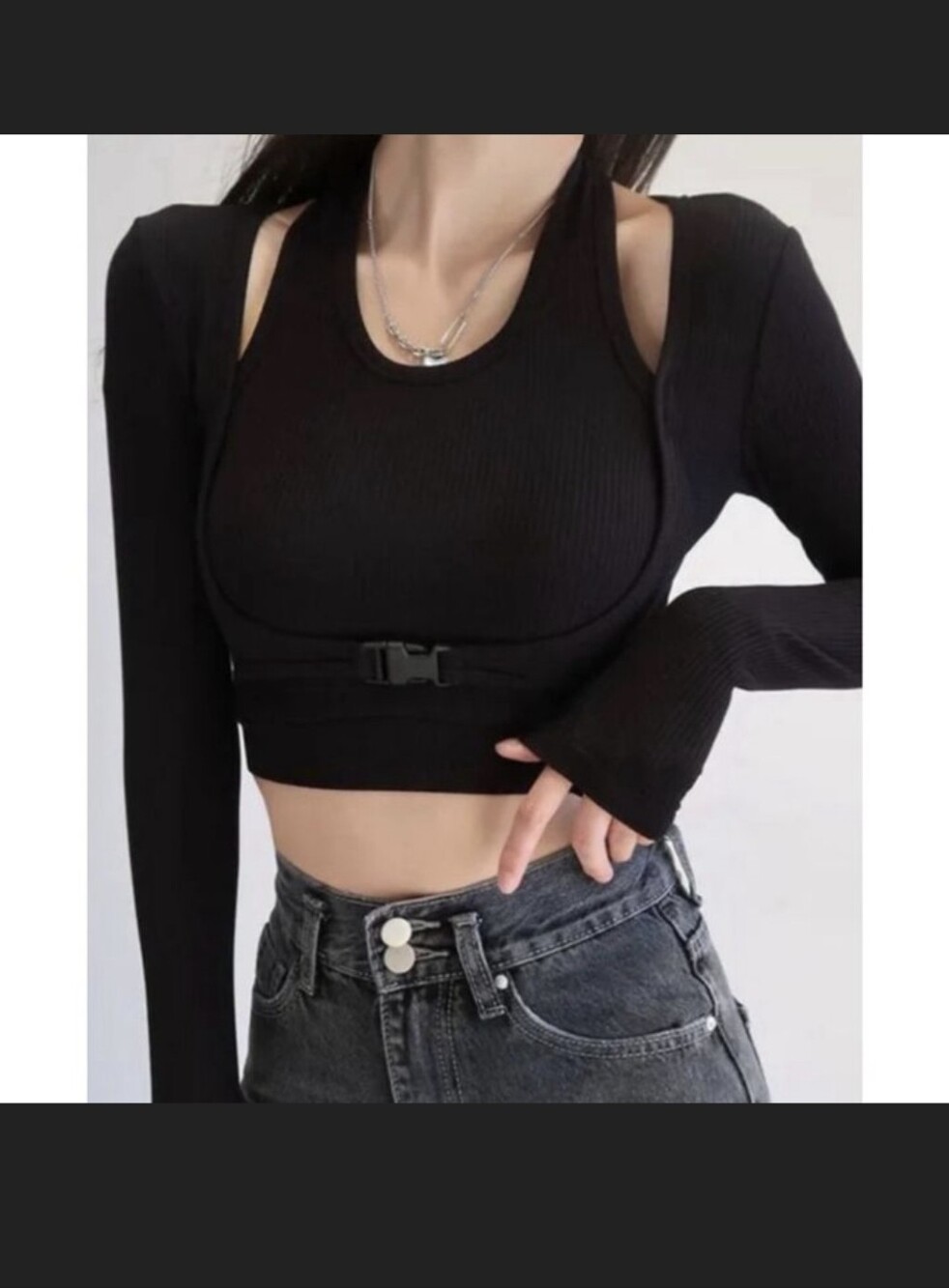Cider Black Ribbed Buckle Crop Top